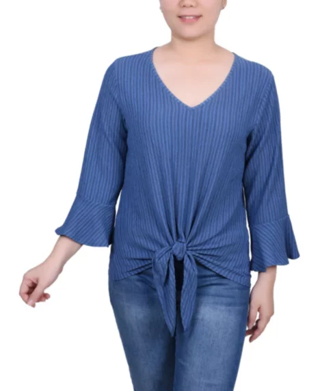 Petite 3/4 Bell Sleeve Textured Knit Top - Navy