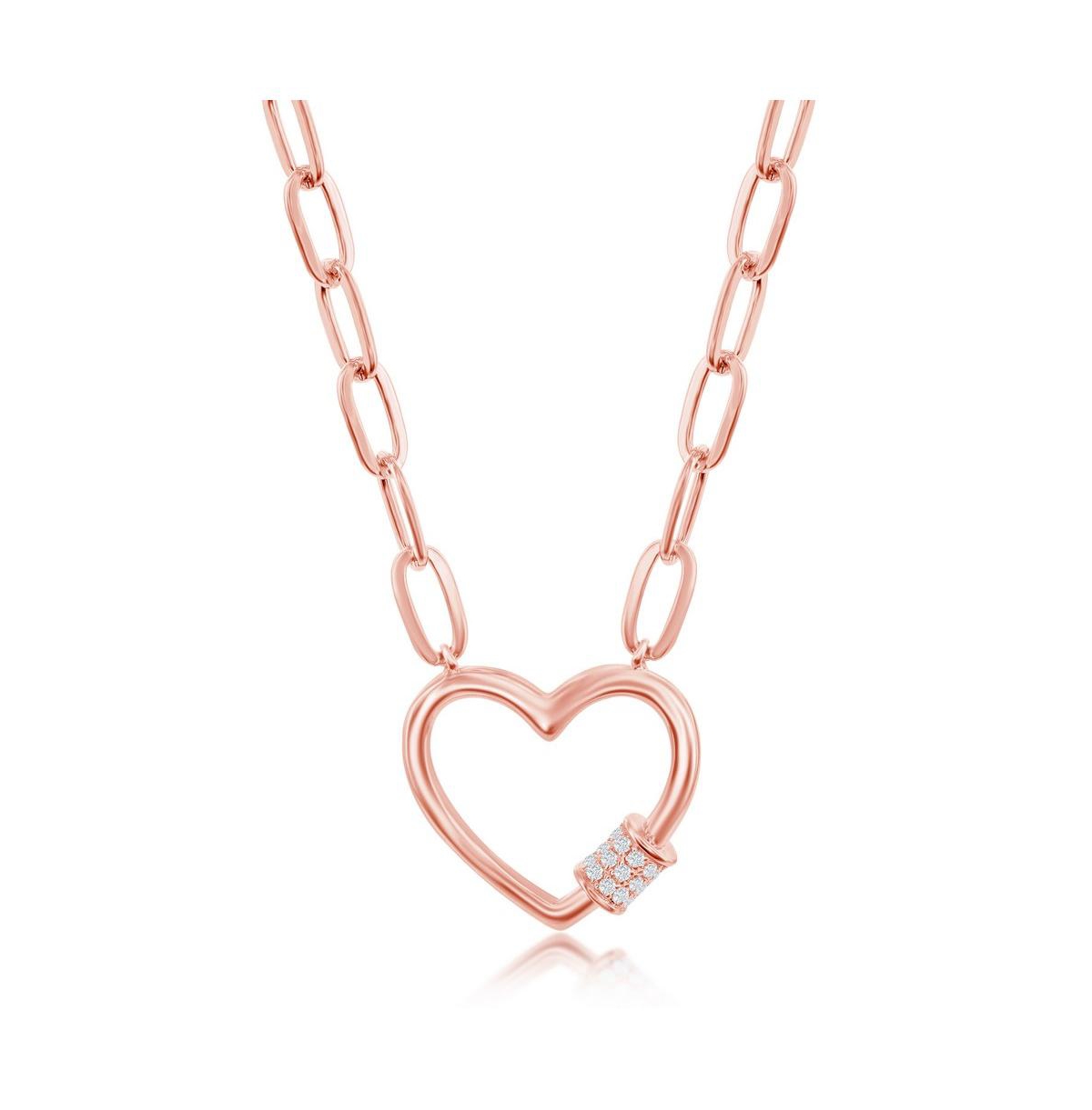 Sterling Silver Gold or Rose Gold Plated over sterling silver Cz Heart Carabineer Paperclip Necklace
