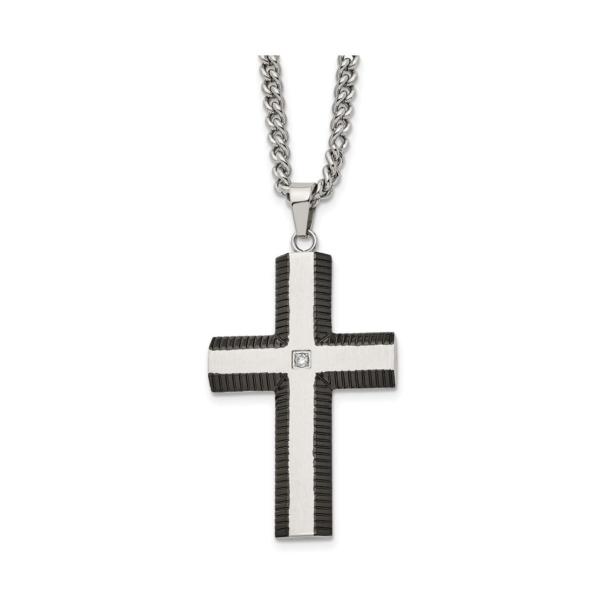 Brushed Black Ip-plated Edges Cz Cross Pendant Curb Chain - Black