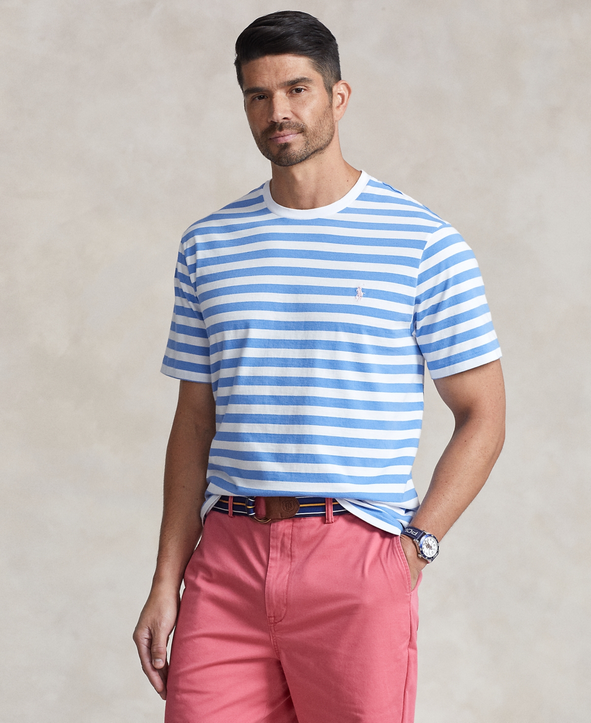 Polo Ralph Lauren Men's Big & Tall Striped Jersey T-shirt In Summer Blue,white