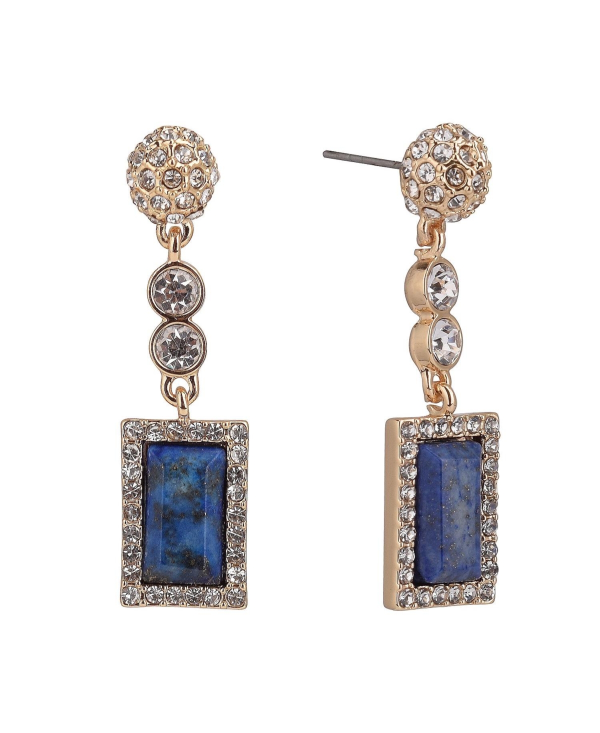 Gold Tone Linear Earrings with Stones and Semi-Precious Stone - Blue
