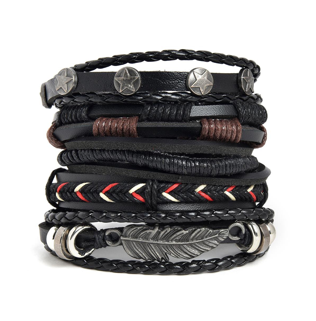 Women's Black Boho Leather Stack Bracelet - Black