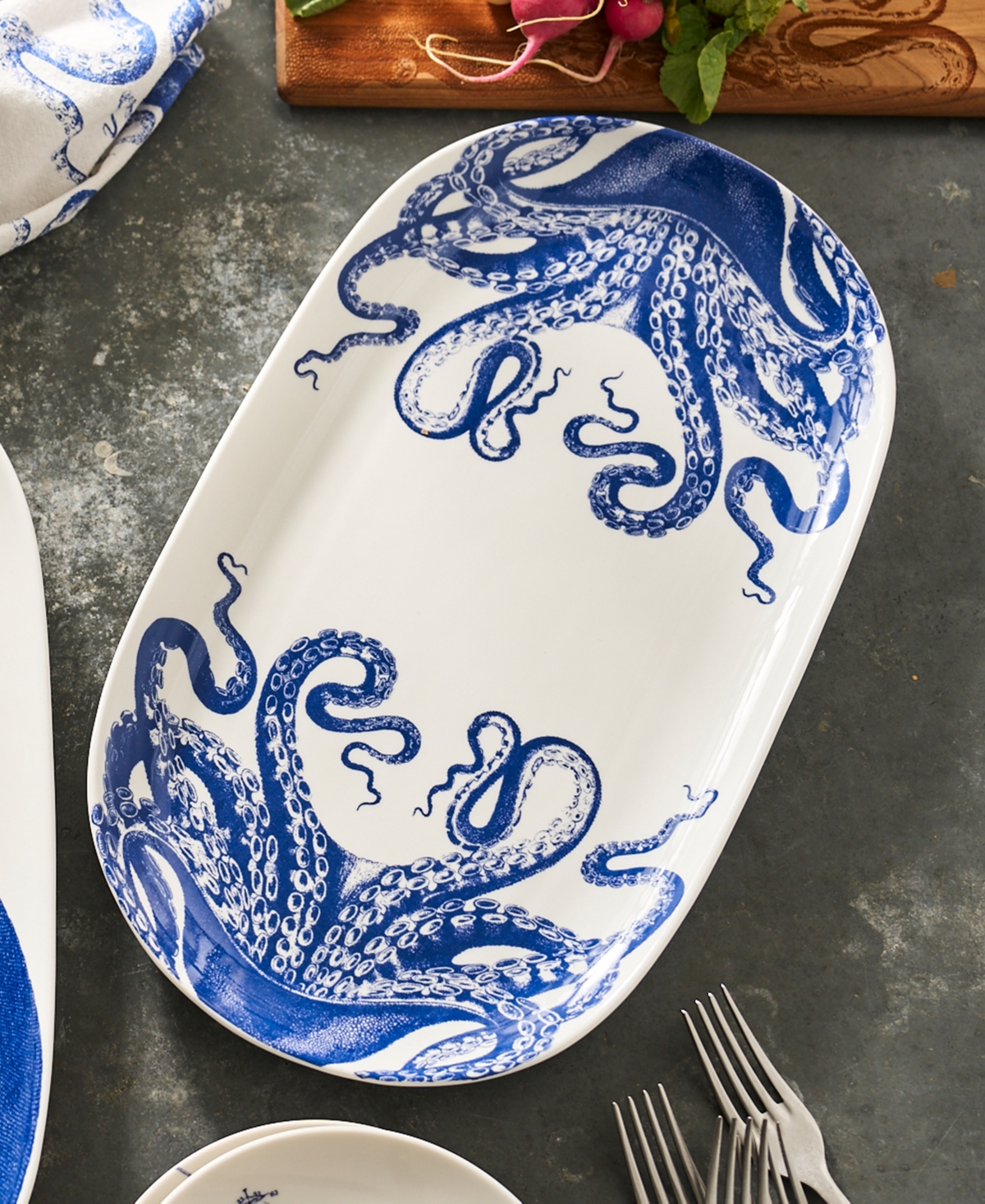 Caskata Lucy Octopus Large Coupe Oval Platter In Blue On White
