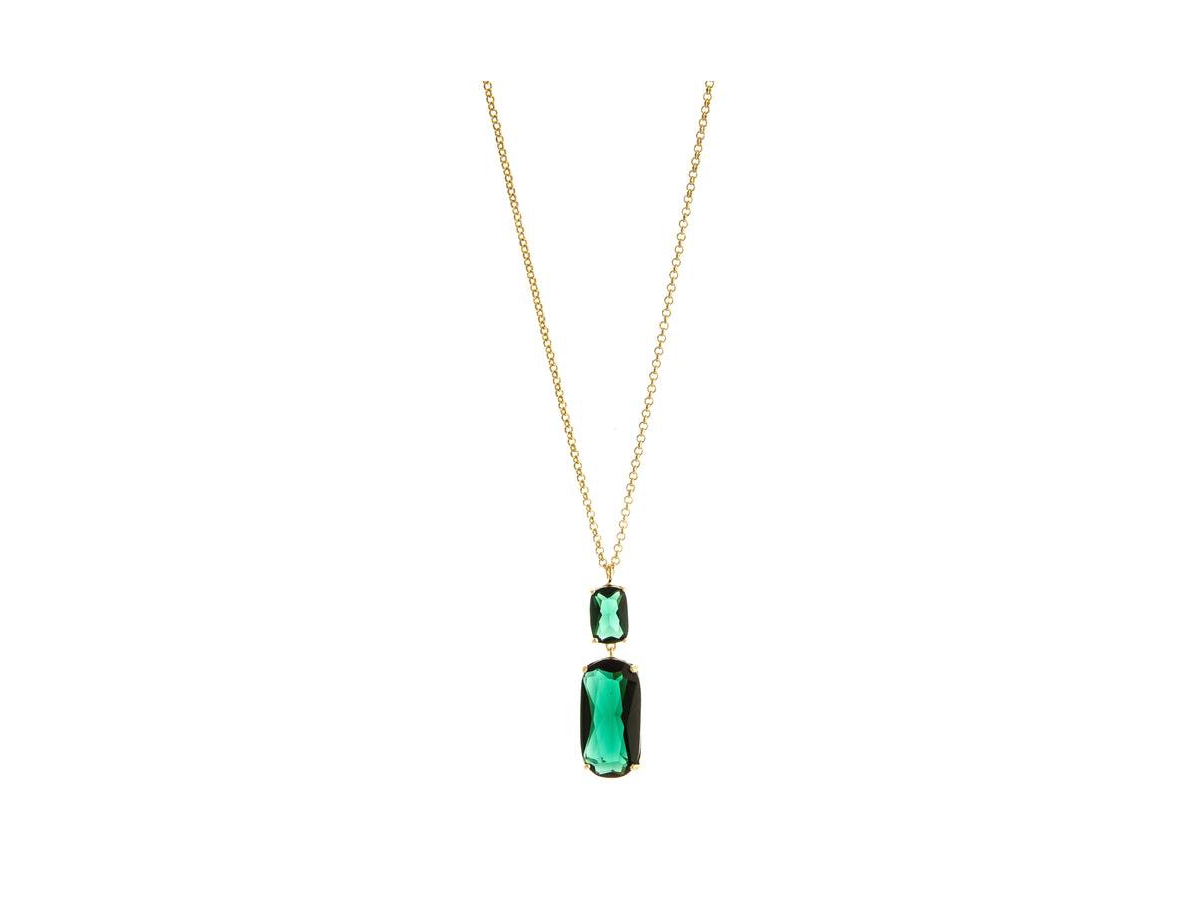 Emerald Crystal Double Drop Pendant Necklace - Gold with green crystal