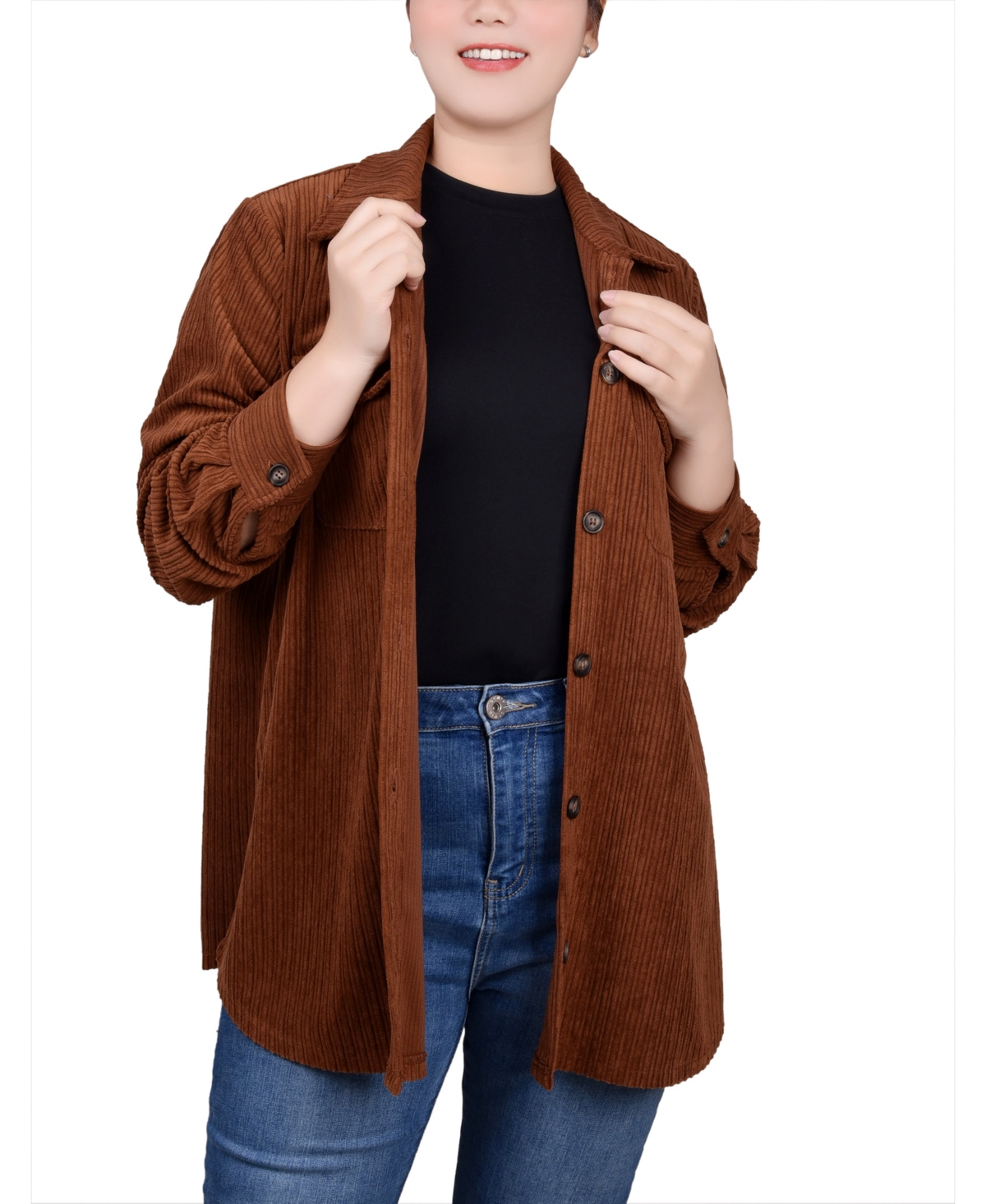 Ny Collection Women's Long Sleeve Corduroy Shirt Jacket In Toast
