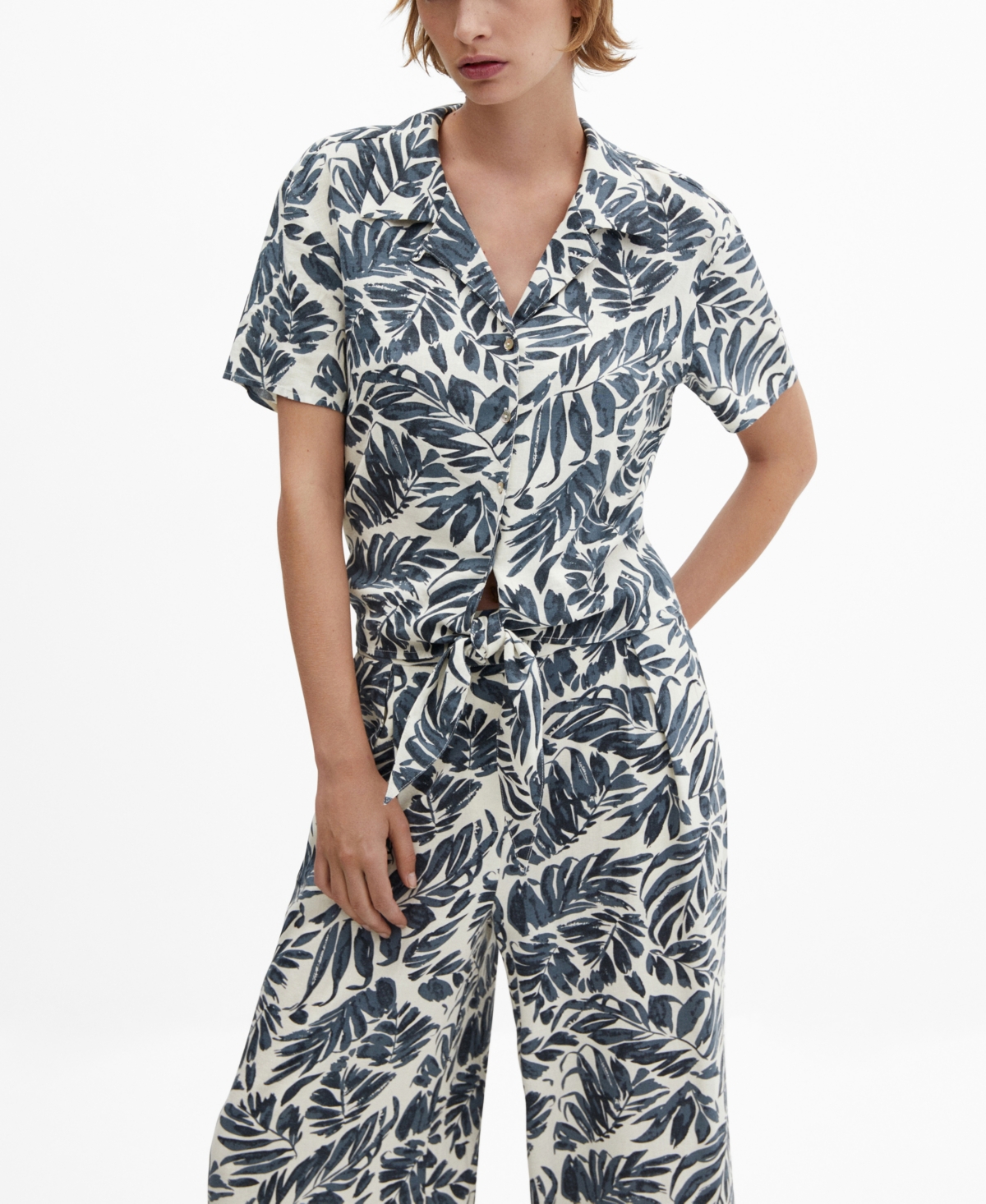 Shop Mango Women's Linen-blend Short-sleeve Shirt In Dark Navy
