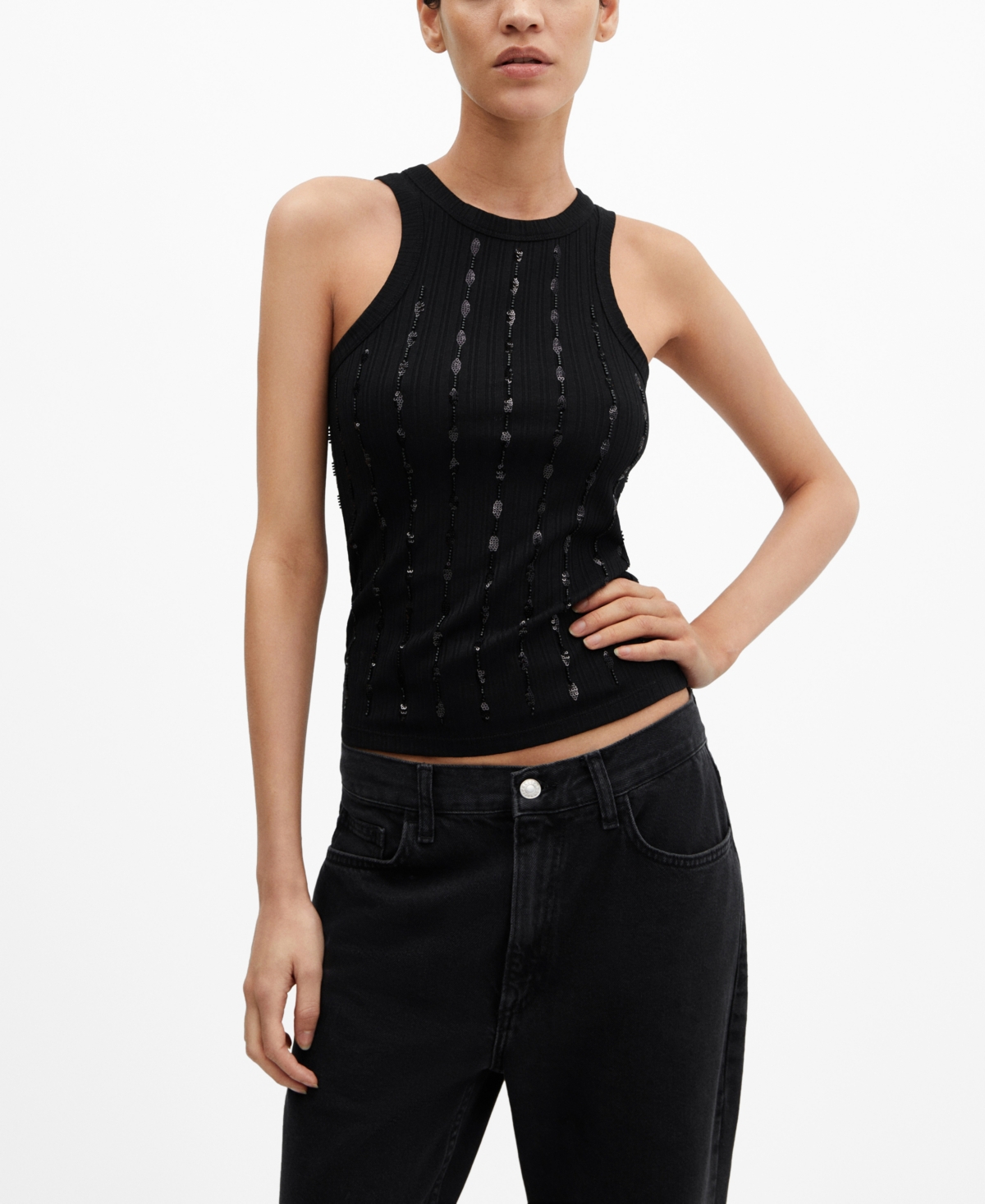 Mango Women's Sequin Detail Knitted Top In Black