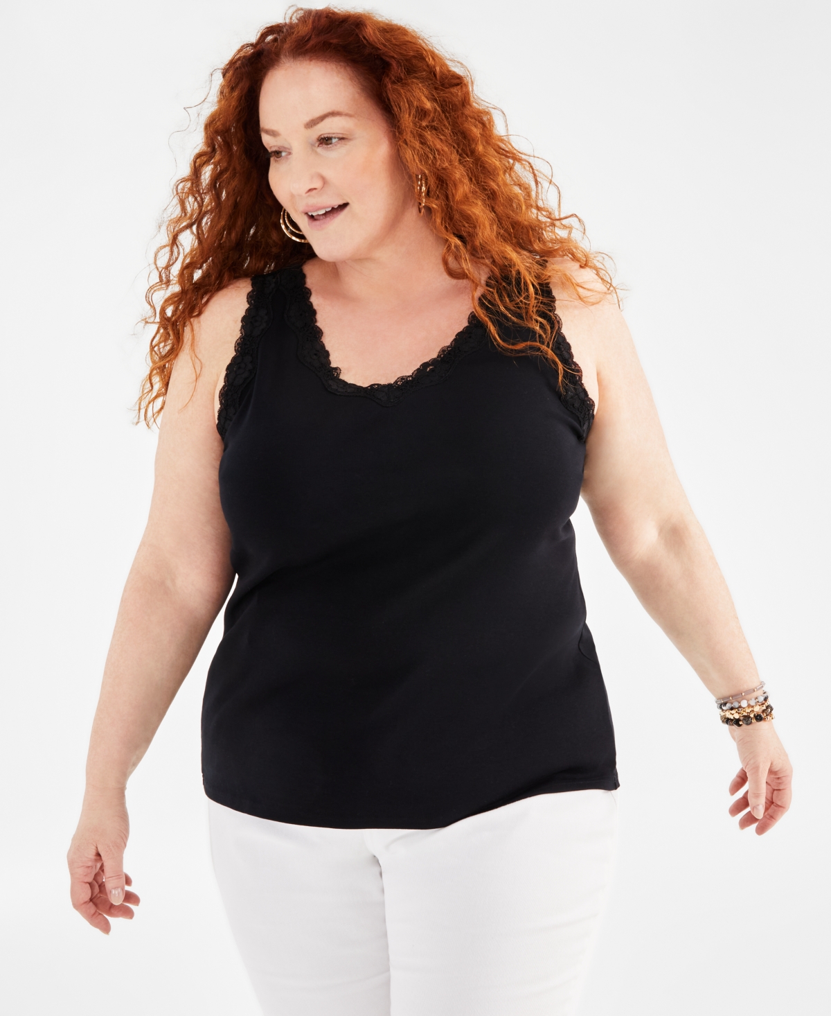 Plus Size Lace-Trimmed Tank Top, Exclusively at Macy's - Industrial Blue