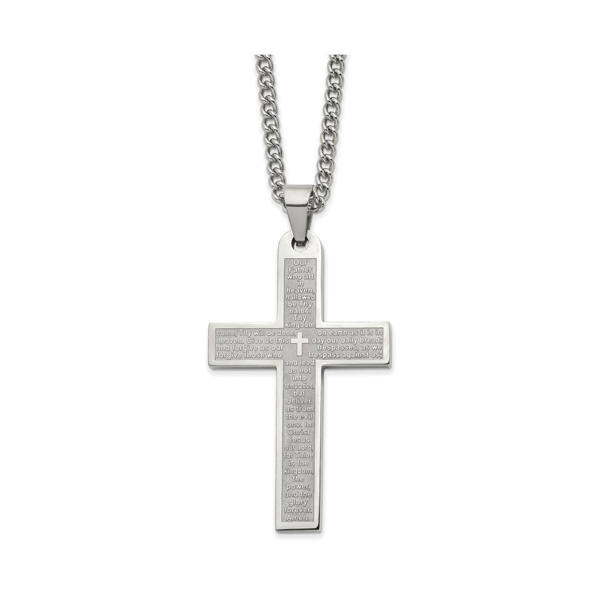 Polished Lord's Prayer Cross Pendant on a Curb Chain Necklace - Silver