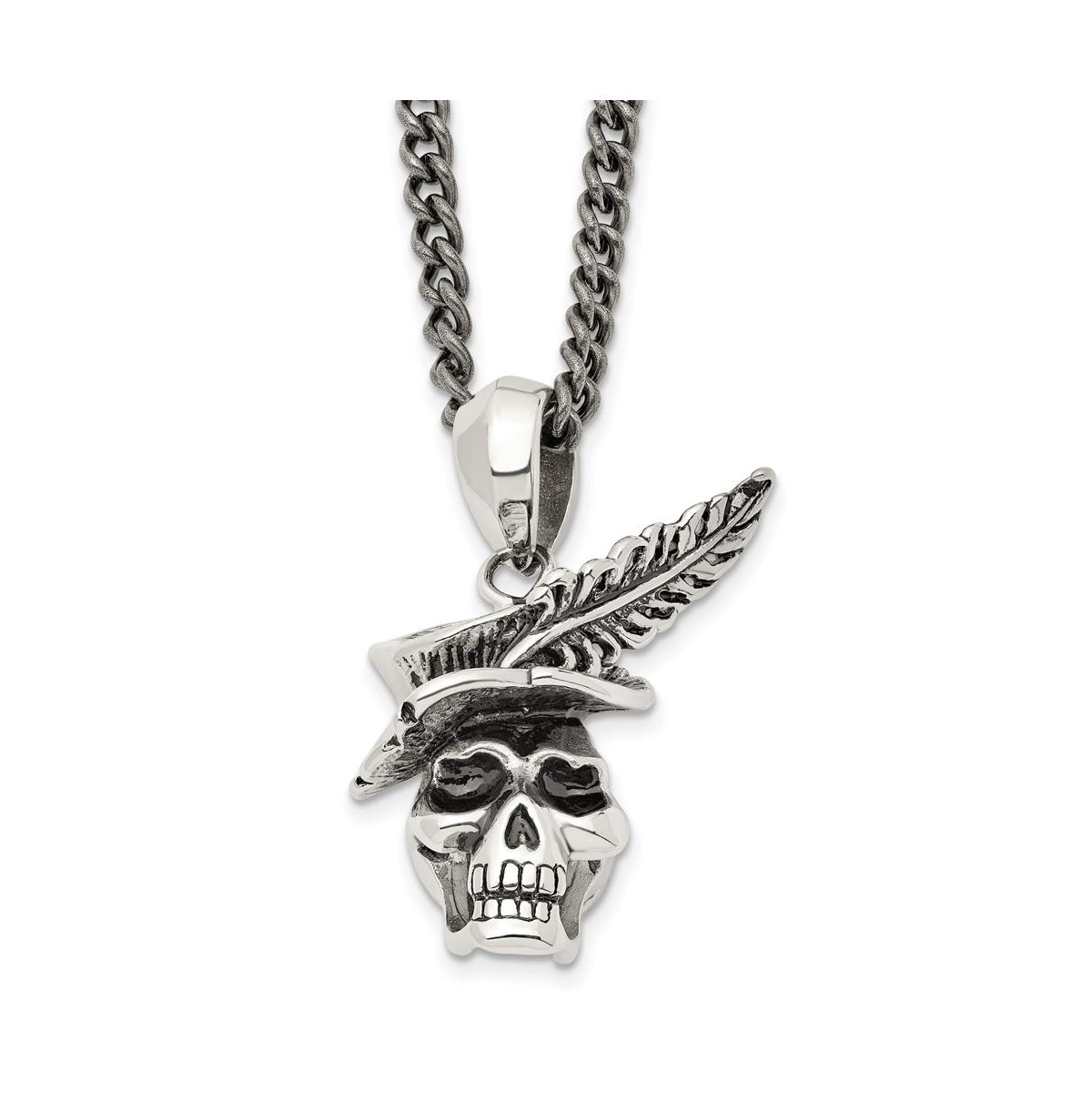 Antiqued Skull with Feather Hat Pendant Curb Chain Necklace - Black