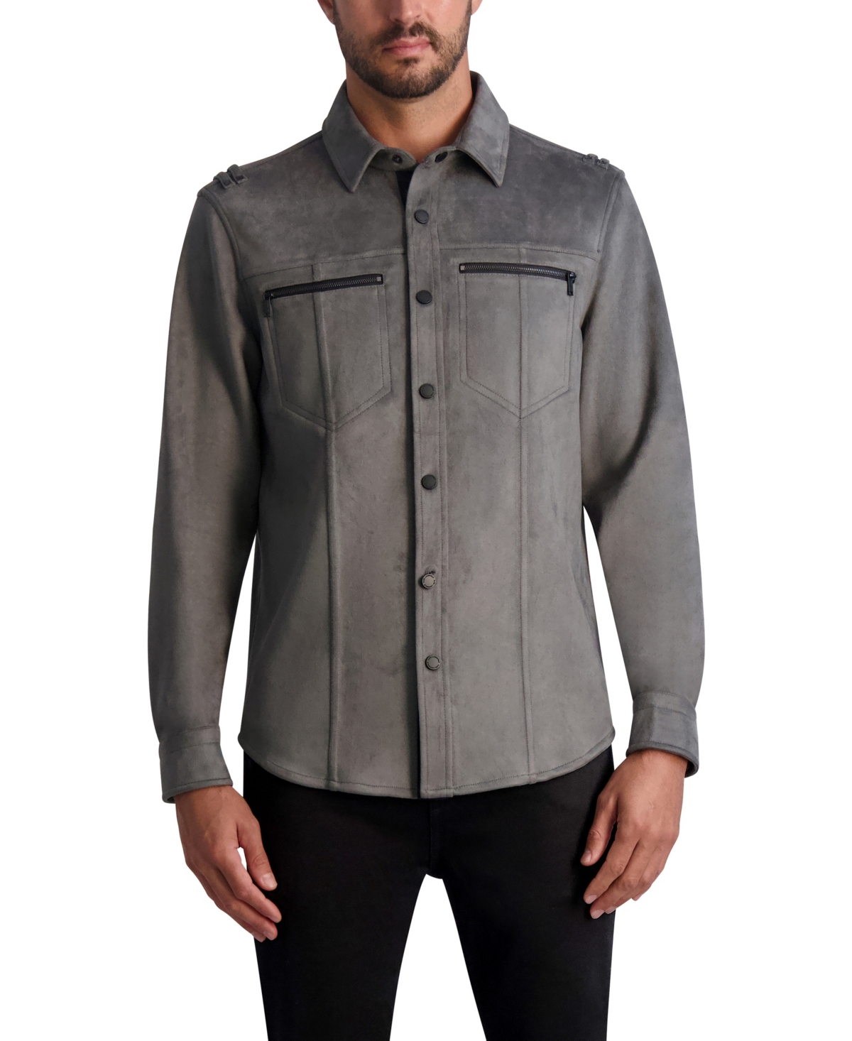 Shop Karl Lagerfeld Men's Faux Suede Exposed Zippers Shirt Jacket In Gray