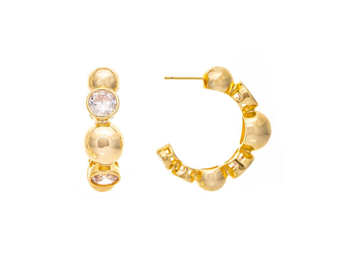 Polished Beaded Cz Hoop Earrings - Gold with clear cubic zirconia
