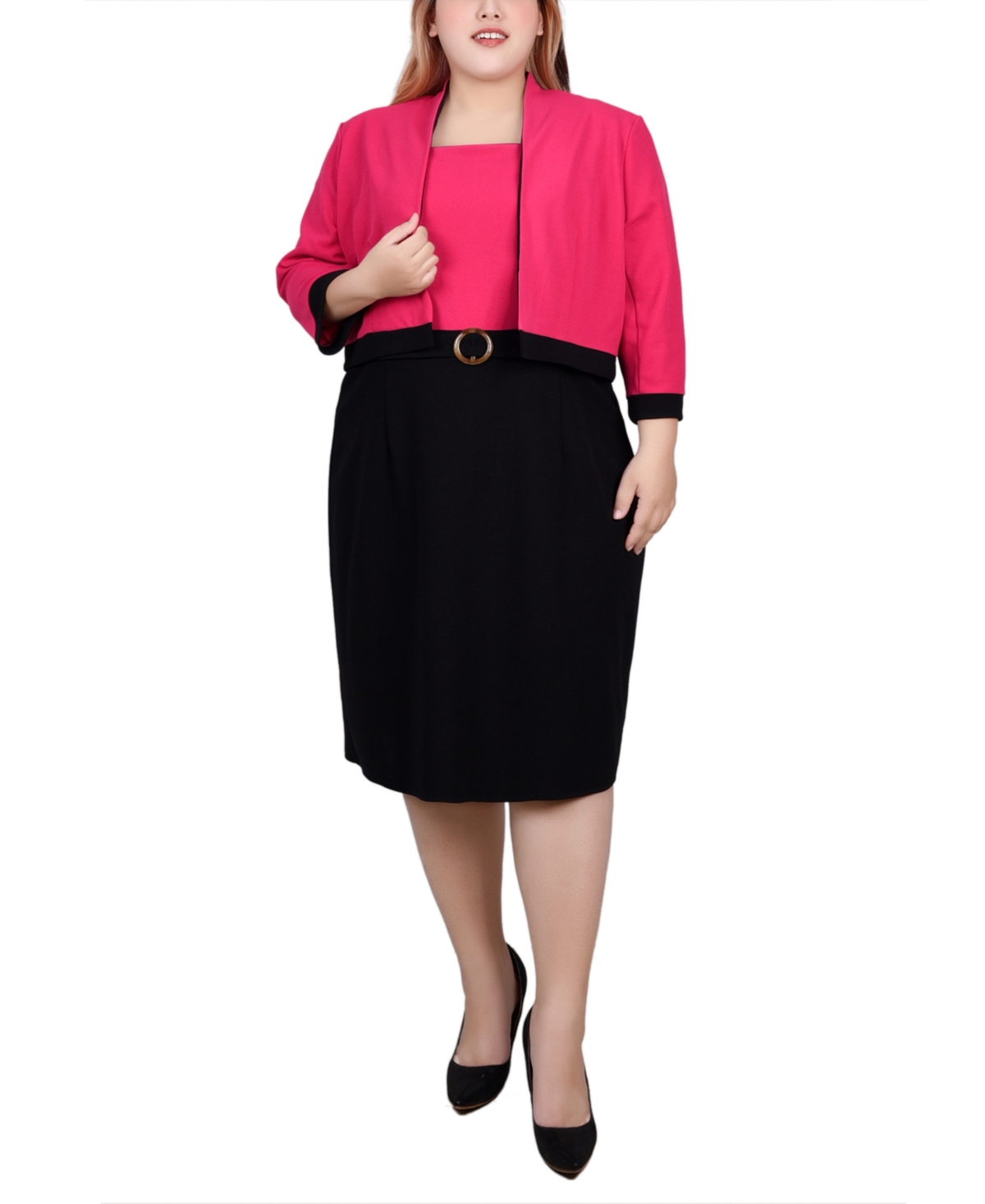 NY COLLECTION PLUS SIZE 3/4 SLEEVE COLORBLOCKED DRESS, 2 PIECE SET