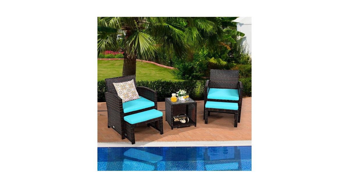 5 Pieces Patio Rattan Furniture Set with Ottoman and Tempered Glass Coffee Table- Turquoise