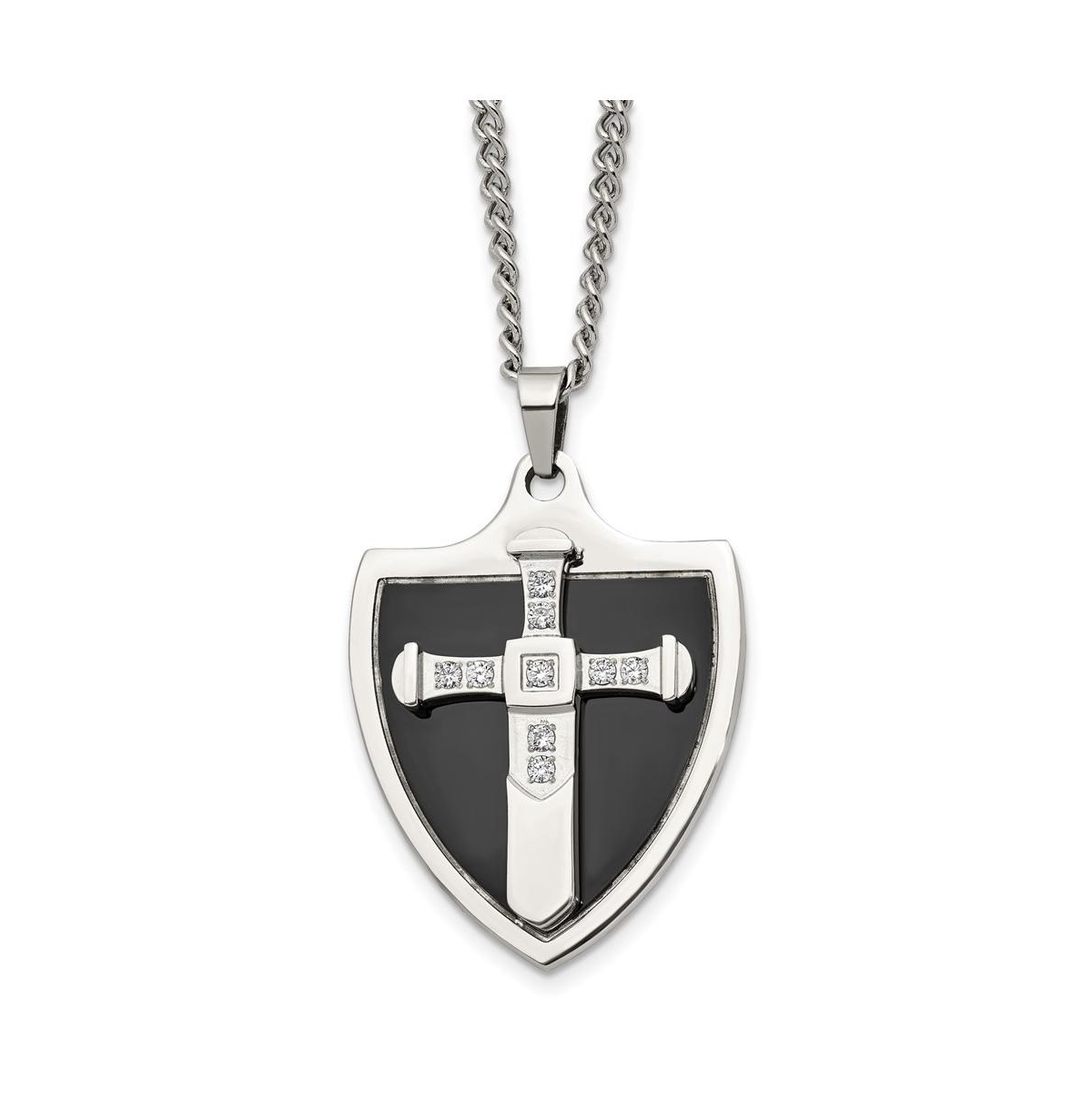 Black Ip-plated Cz Cross Shield Pendant Curb Chain Necklace - Black