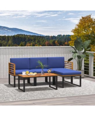5-Piece Patio Acacia Wood Chair Set with Ottoman and Coffee Table-Navy