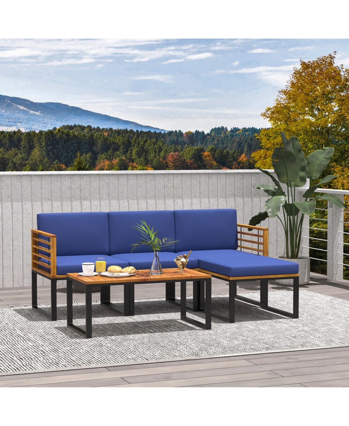 5-Piece Patio Acacia Wood Chair Set with Ottoman and Coffee Table-Navy