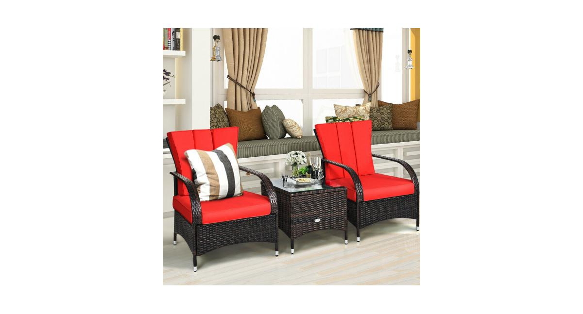 3PCS Rattan Coffee Table Set Chair-Red