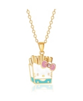 Sanrio Hello Kitty Brass Enamel and Pink Crystal Cafe French Fries 3D Pendant, 16+ 2'' Chain - Green, gold tone, white