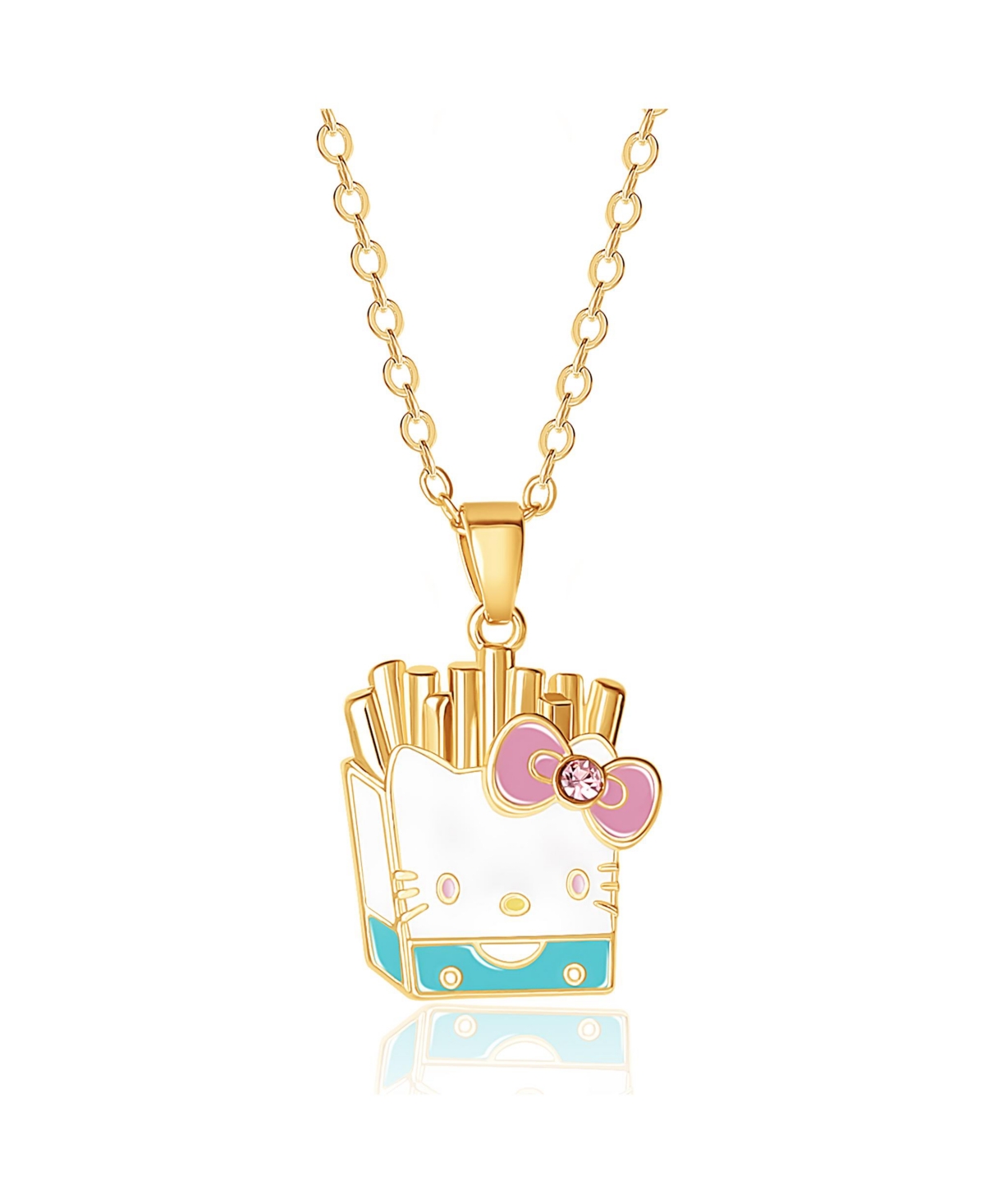 Sanrio Hello Kitty Brass Enamel and Pink Crystal Cafe French Fries 3D Pendant, 16+ 2'' Chain - Green, gold tone, white
