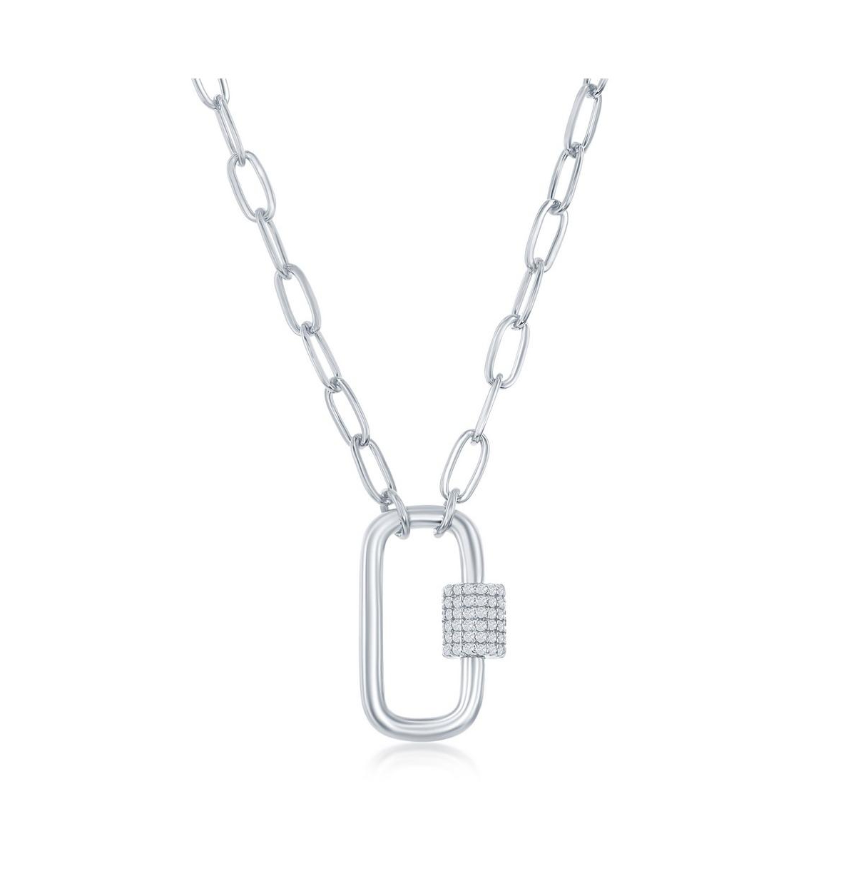 Sterling Silver or Gold Plated Over Sterling Silver Cz Oval Carabiner Paperclip Necklace - Gold