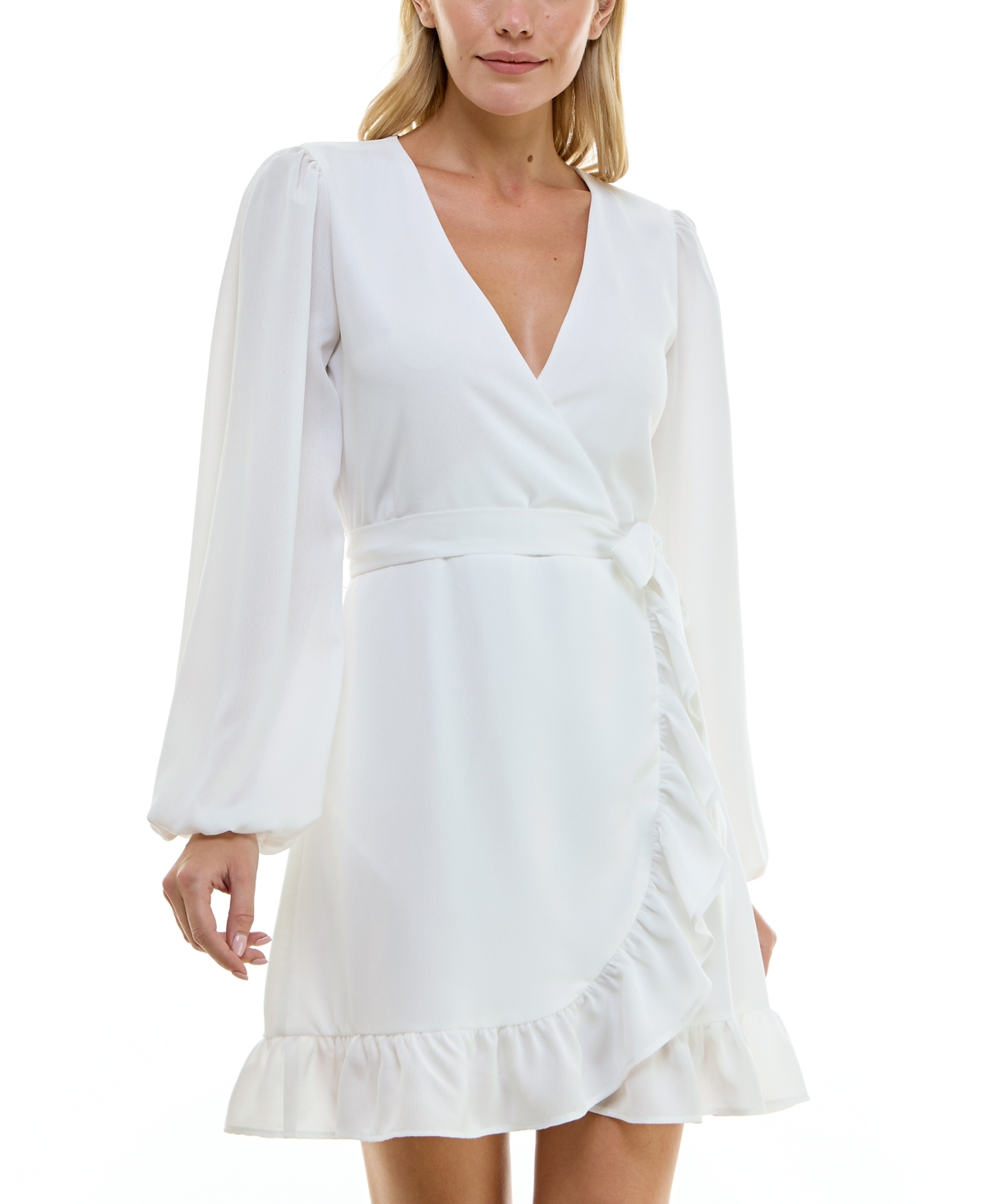 Jolt Juniors' Ruffle-trimmed Faux-wrap Dress In White
