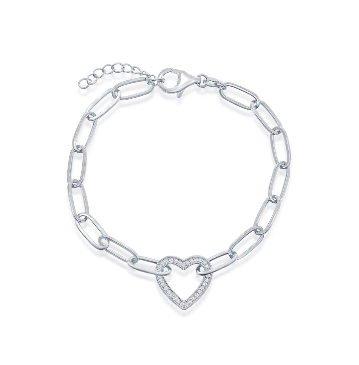 Sterling Silver or Gold Plated Over Sterling Silver Cz Heart Paperclip Bracelet - Gold
