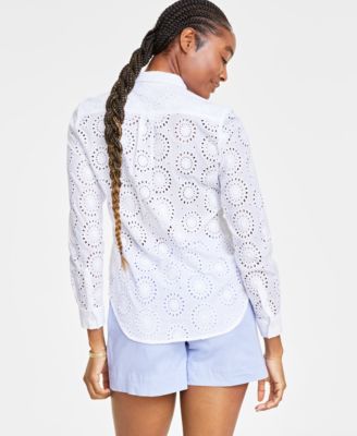 Women's Solid Eyelet Button-Up Shirt, Created for Macy's