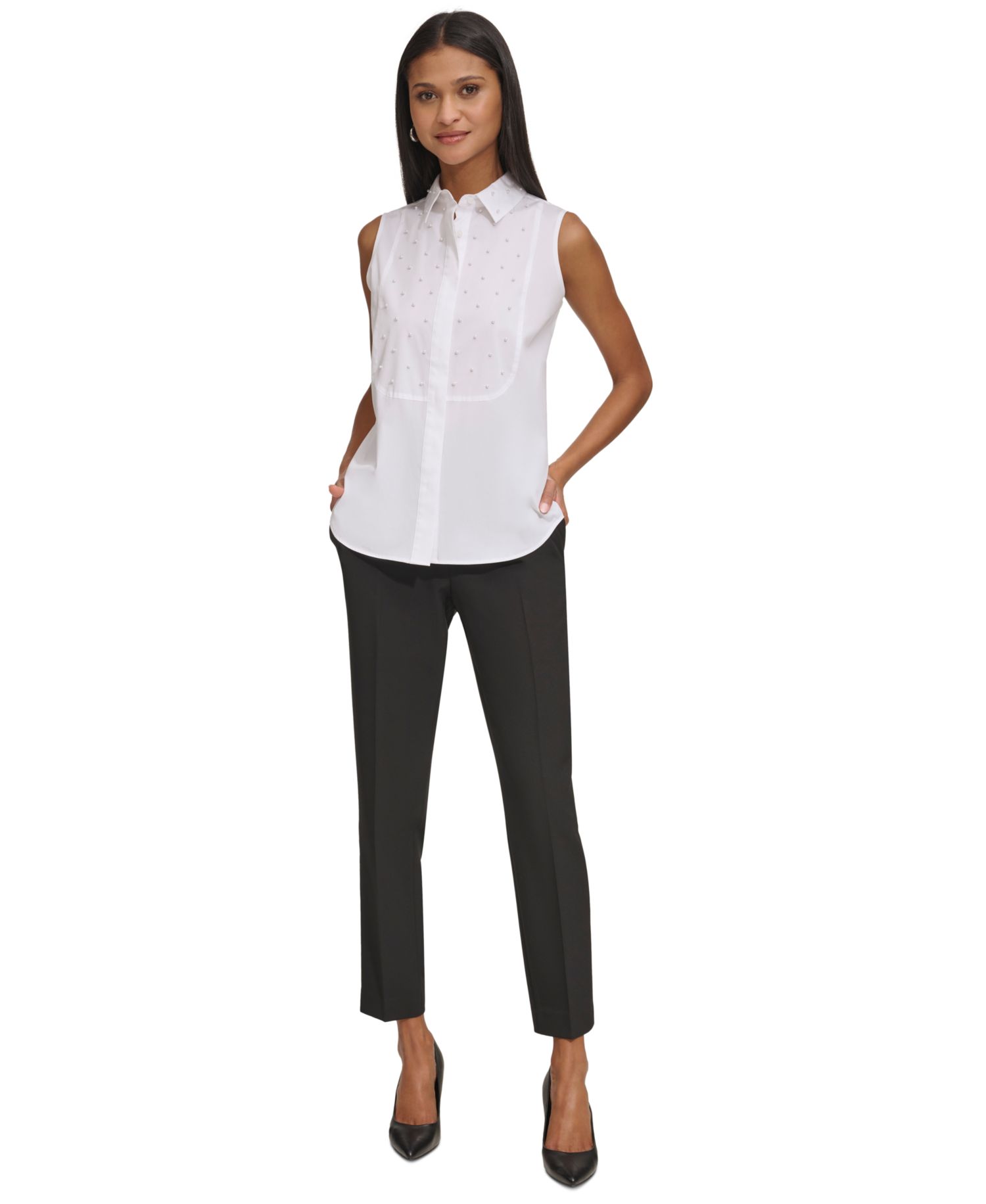 Women's Pearl-Embellished Sleeveless Collared Shirt