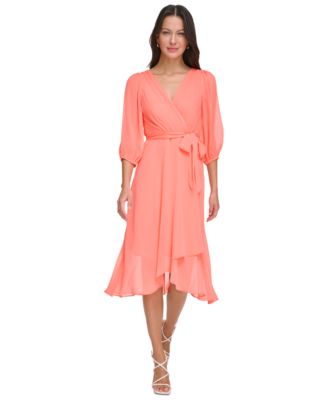 DKNY - Women's 3/4-Sleeve Tie-Waist High-Low Midi Dress
