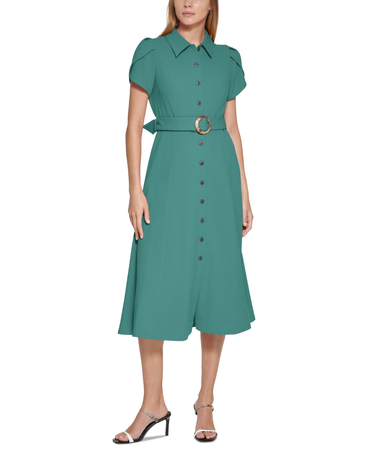 Buy Calvin Klein women round neck bell sleeve solid midi dress green Online