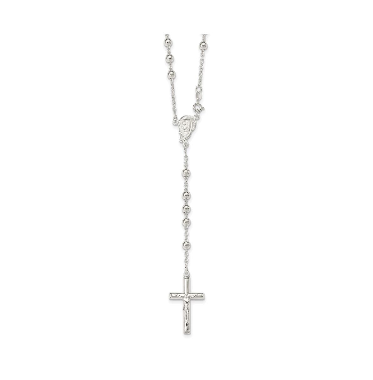 Sterling Silver Polished Beaded Rosary Pendant Necklace 30" - Silver