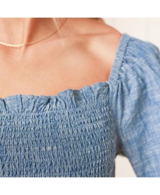 Women's Bell Sleeve Smocked Chambray Romper
