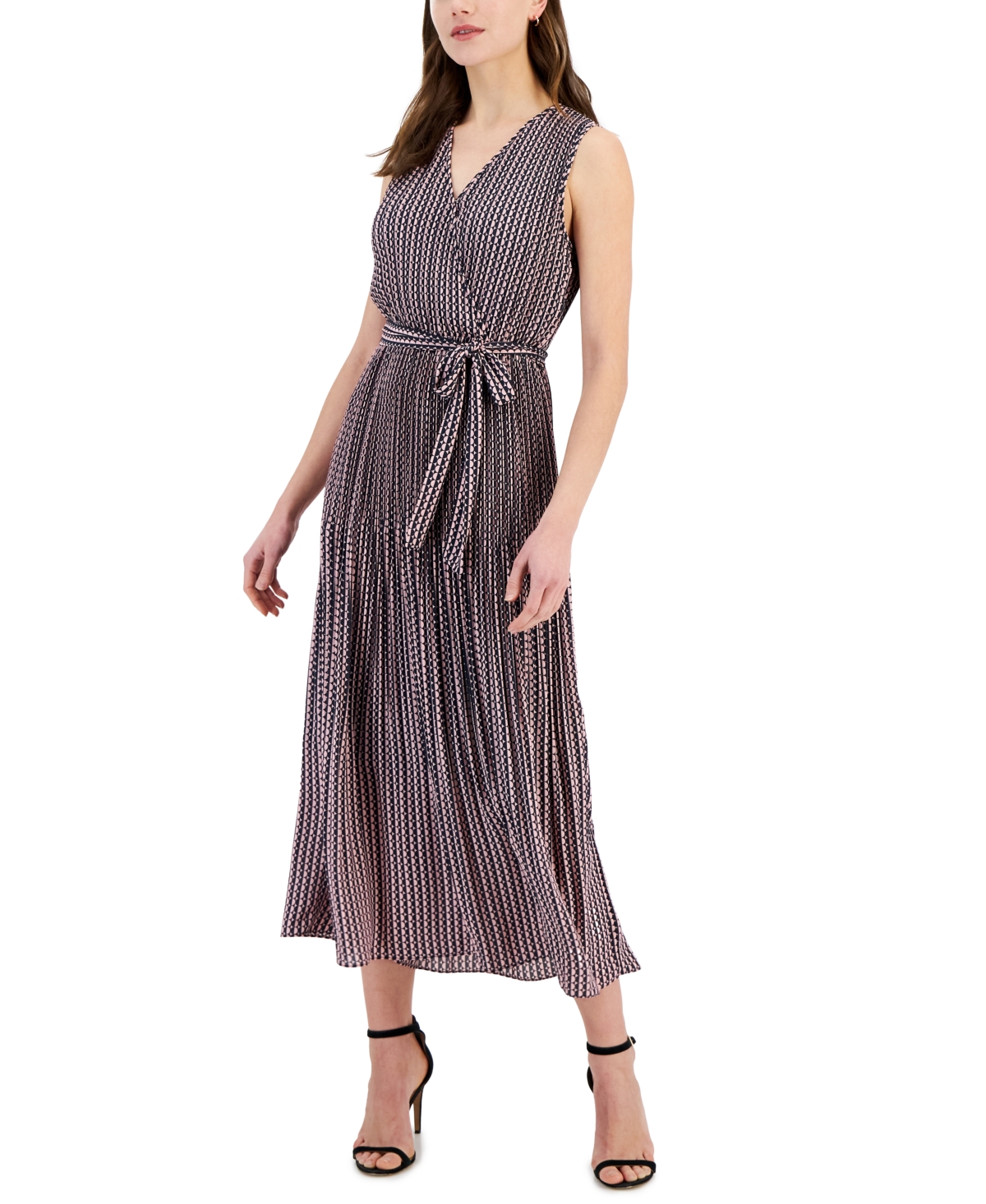 T Tahari Women's Printed Faux-Wrap Sleeveless Pleated Fit & Flare Midi Dress