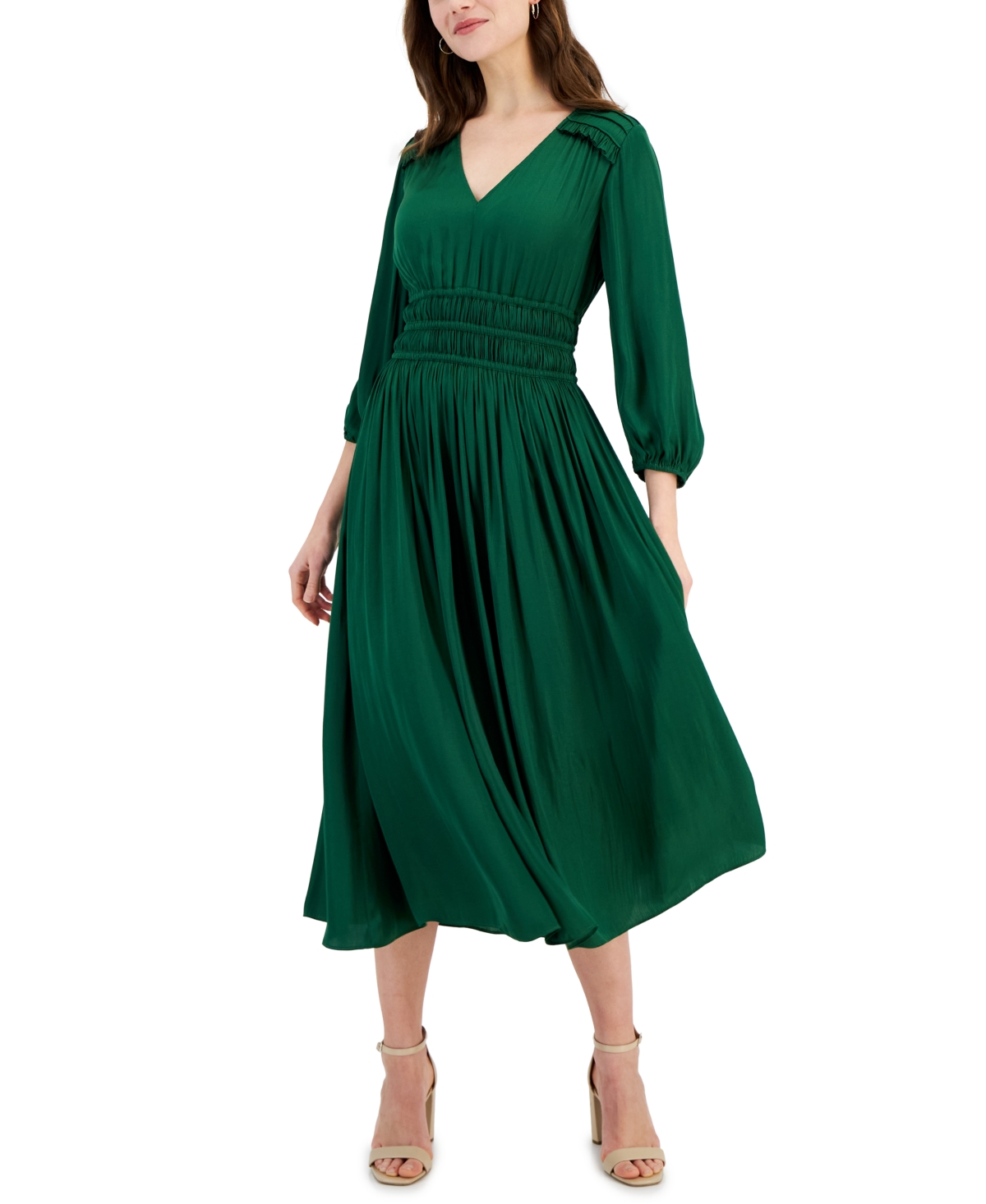Women's Ruched V Neck 3/4-Sleeve Midi Dress - Magnolia Green