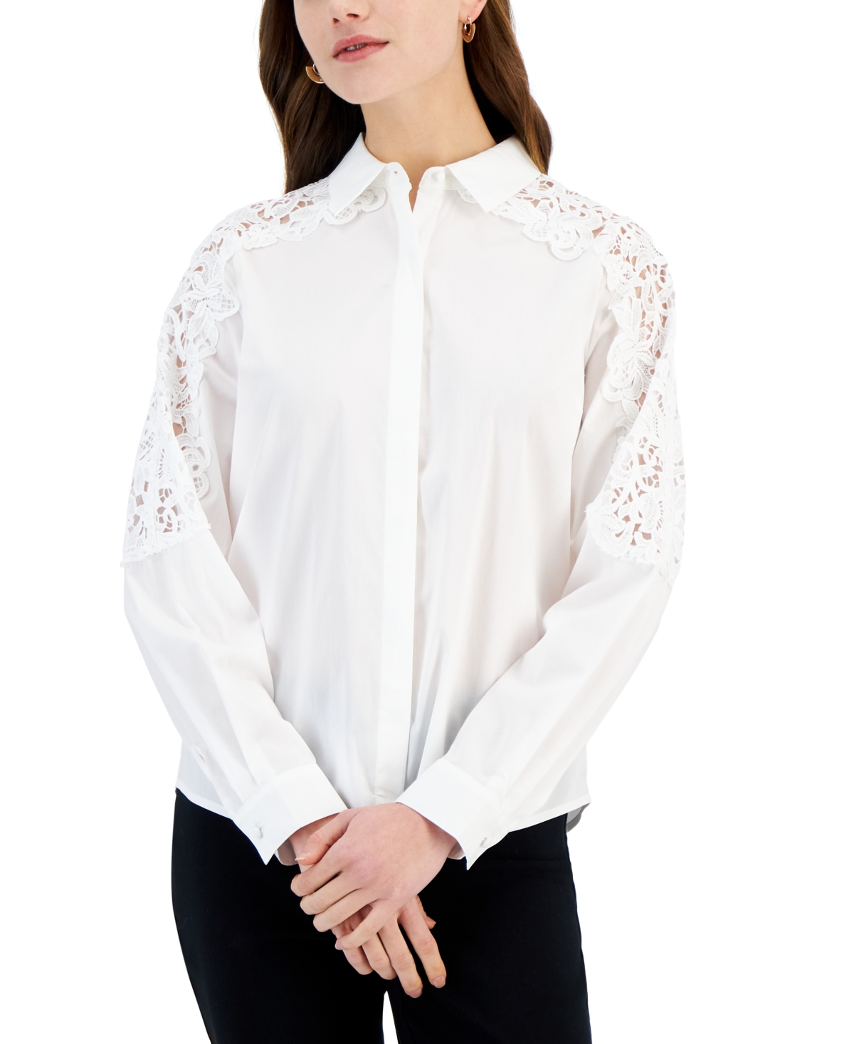 Shop T Tahari Women's Lace Sleeve Button-down Top In White Star Lace