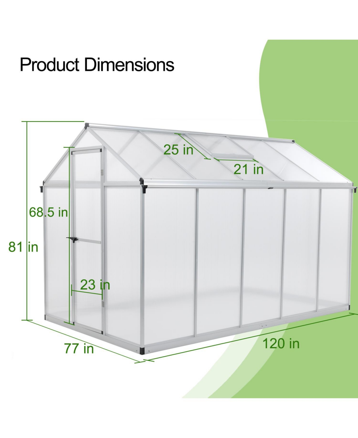 Aoodor 77''x120''x81'' Walk-in Greenhouse Polycarbonate Panel Hobby Greenhouses with Aluminum Frame Heavy Duty with 2 Vent Windows & Lockable Door for