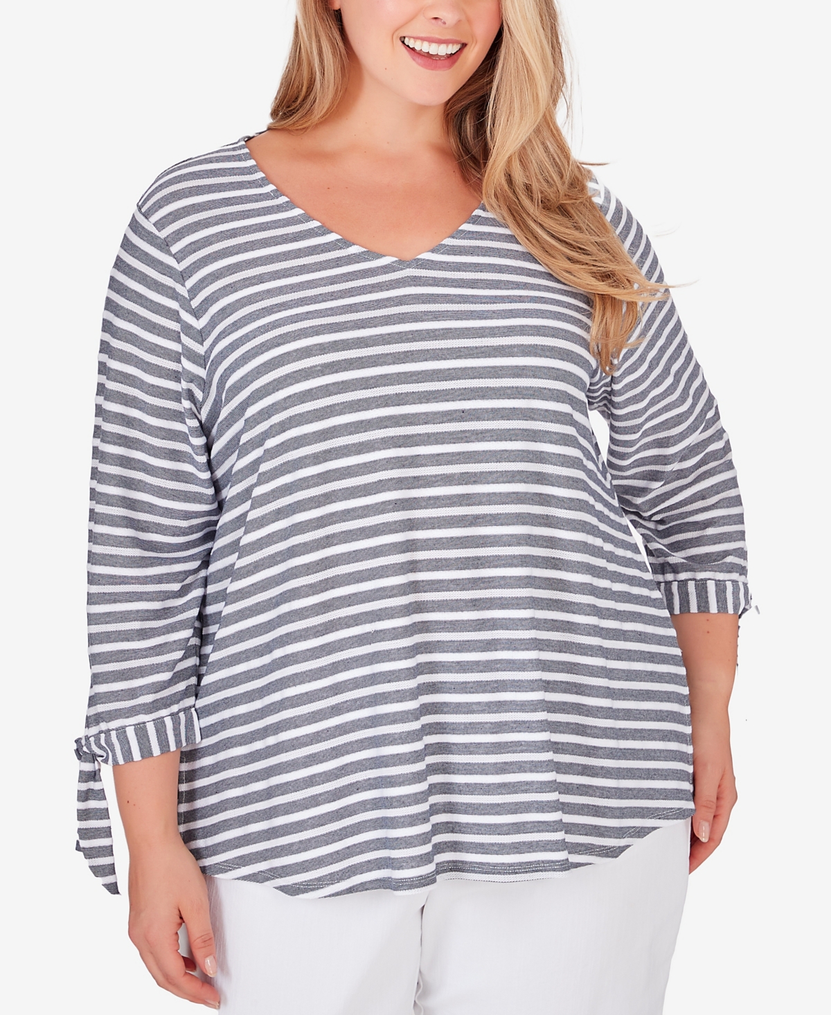 Plus Size V-neck Light Weight Stripe Knit Top with Tie Sleeve Detail - Navy, White