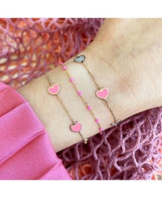 Bubblegum Pink Heart Station Bracelet 14K Gold