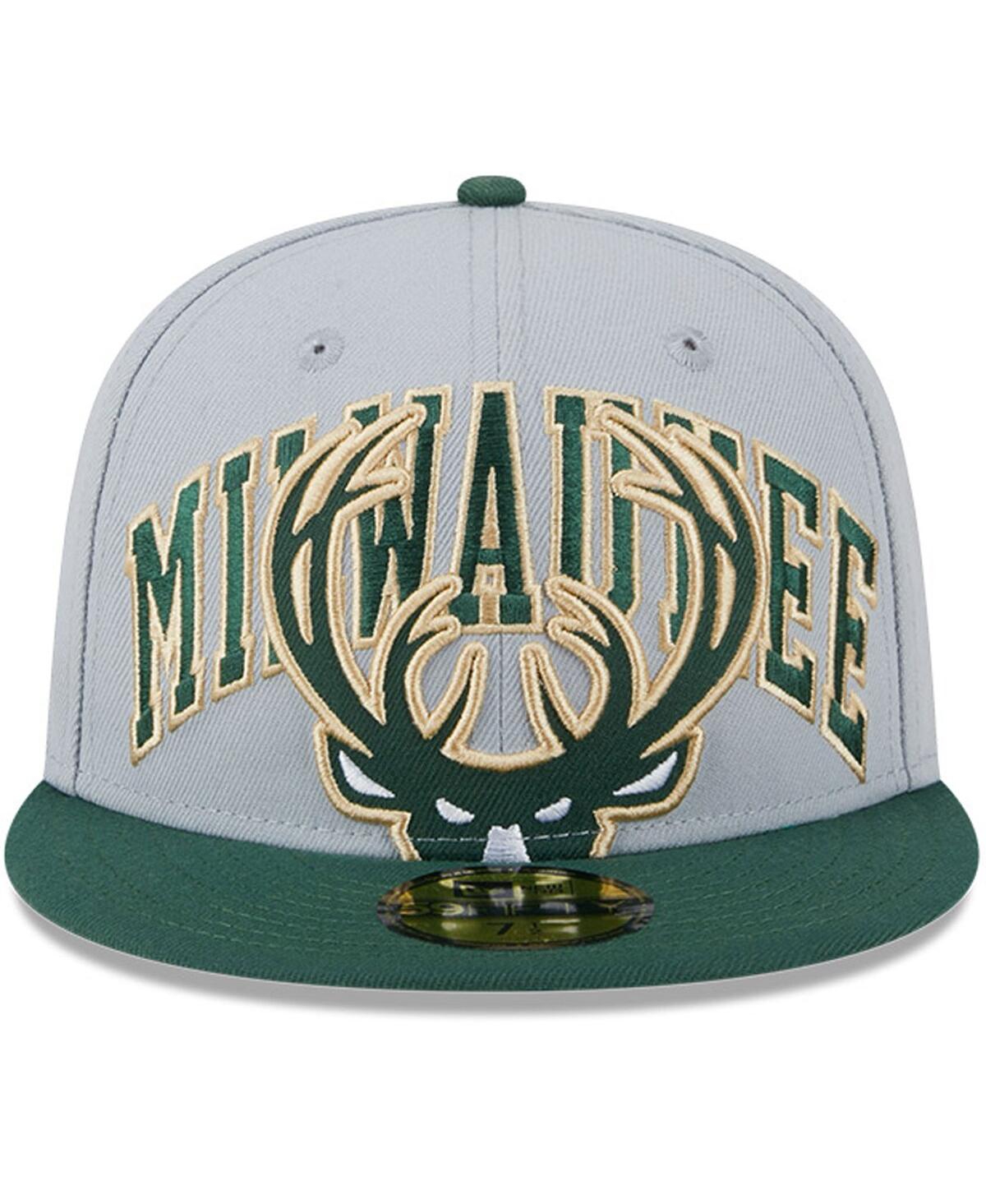 Shop New Era Men's  Gray, Hunter Green Milwaukee Bucks Tip-off Two-tone 59fifty Fitted Hat In Gray,hunter Green