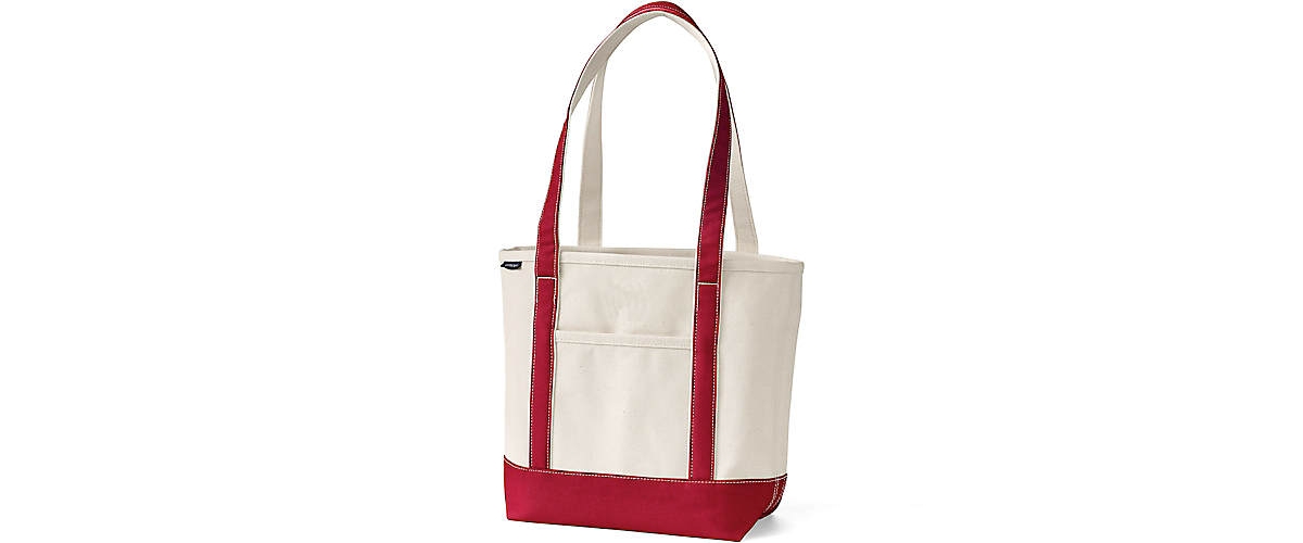 Lands' End5 Pocket Open Top Long Handle Canvas Tote Bag - Natural/deep scarlet