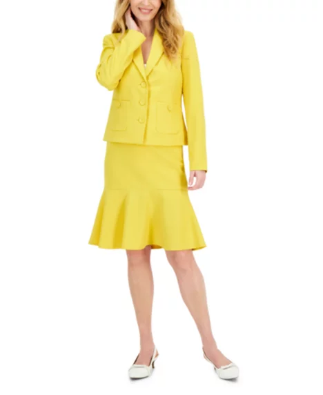 Women's Crepe Button-Front Flounce Skirt Suit Set, Regular and Petite - Golden Sunset