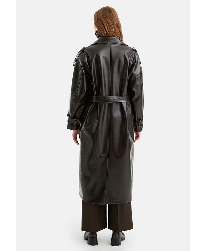 NOCTURNE Women's Belted Pleather Trench Coat - Macy's