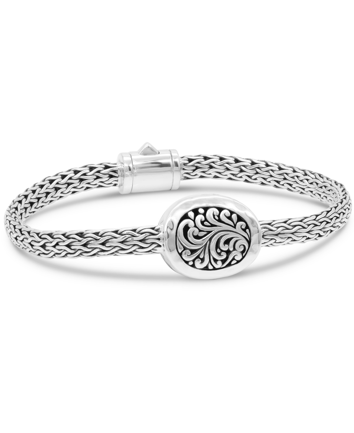 Bali Filigree with Hammer Accent with Dragon Bone Chain Bracelet in Sterling Silver - Silver