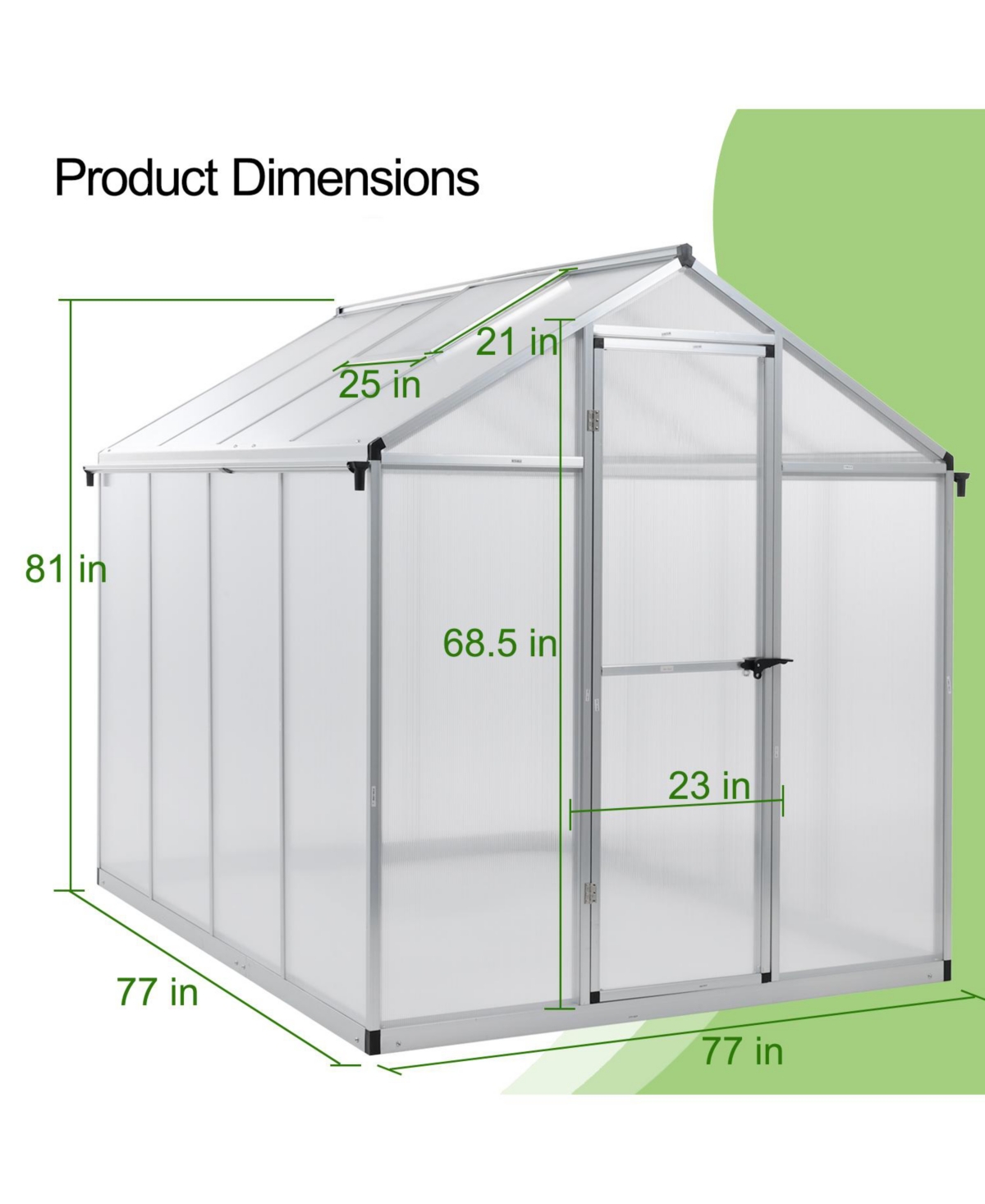 Aoodor 77''x77''x88'' Walk-in Greenhouse Polycarbonate Panel Hobby Greenhouses with Aluminum Frame Heavy Duty with 1 Vent Window & Lockable Door for O
