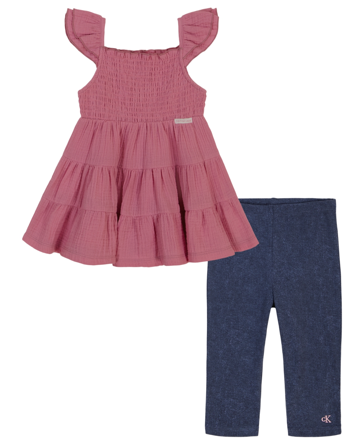 Shop Calvin Klein Toddler Girls Smocked Tiered Gauze Tunic And Stretch Capri Leggings, 2 Piece Set In Pink
