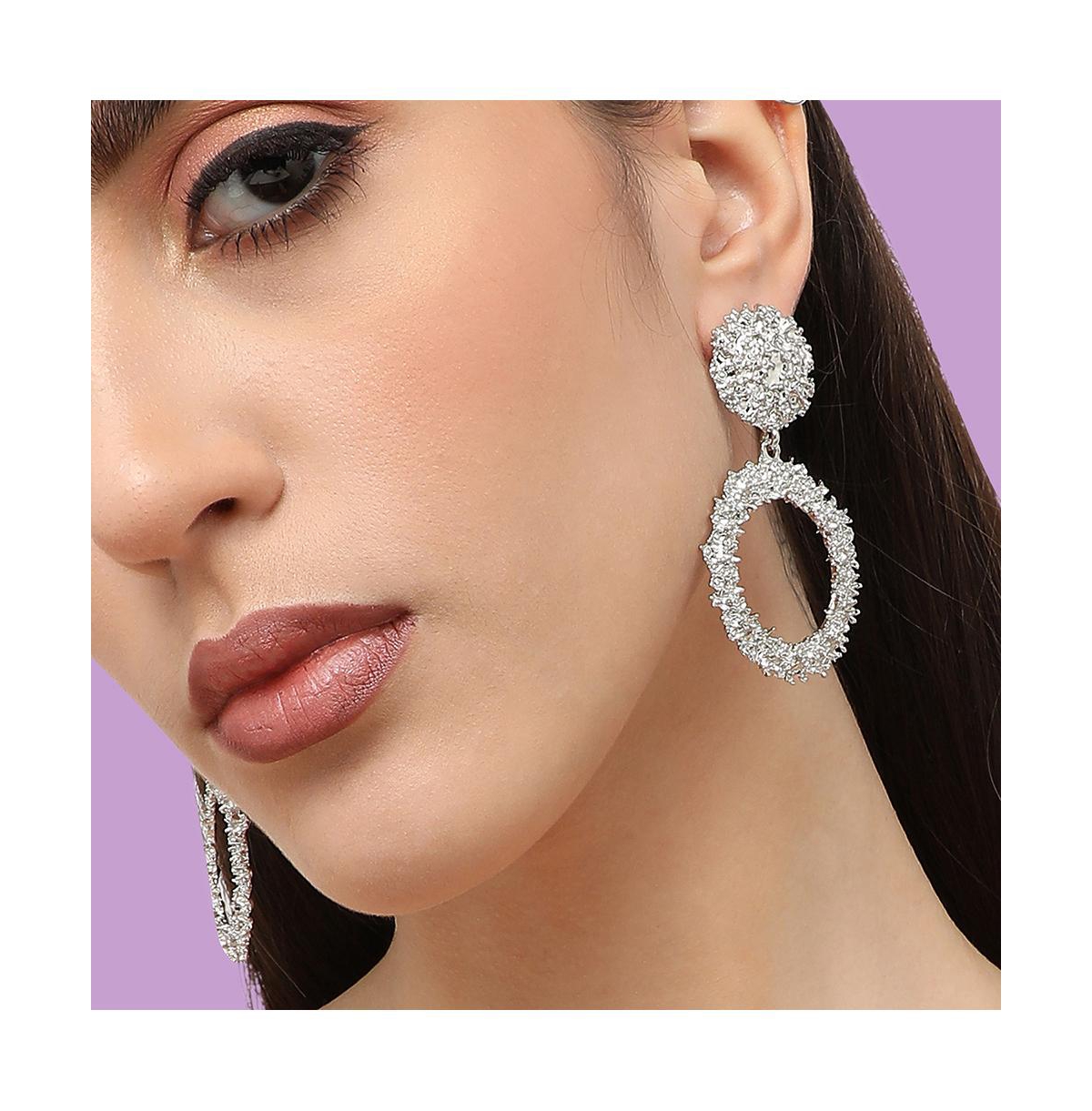 Sohi Women's Silver Textured Metallic Drop Earrings