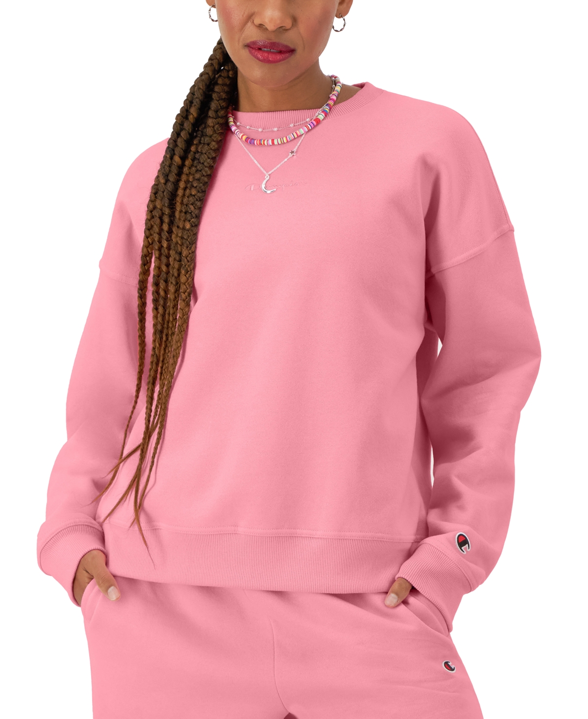 Shop Champion Women's Powerblend Crewneck Sweatshirt In Marzipan Pink