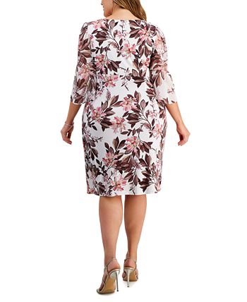 Connected Plus Size Floral Print 3 4 Sleeve Faux Wrap Dress Macy s