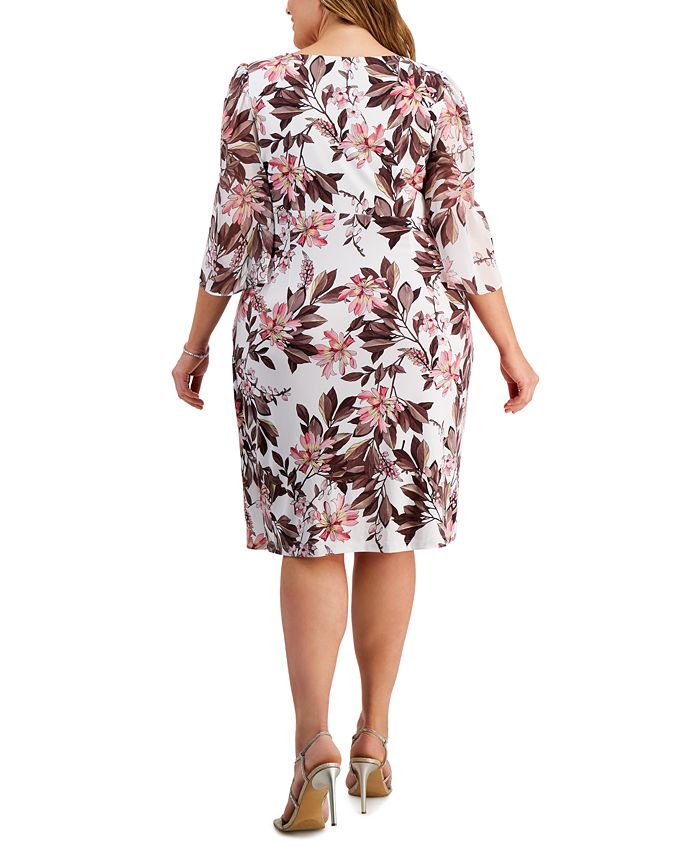 Connected Plus Size Floral-Print 3/4-Sleeve Faux-Wrap Dress - Macy's